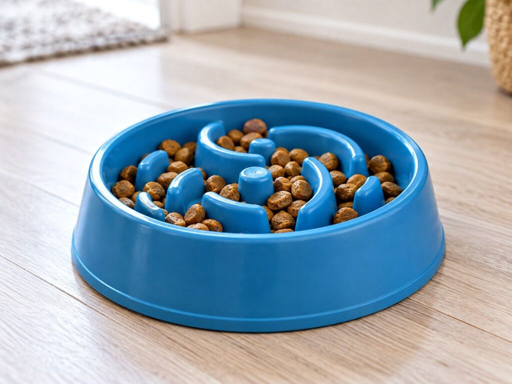 Blue slow-feeder dog bowl filled with dry kibble on a light wooden floor.
